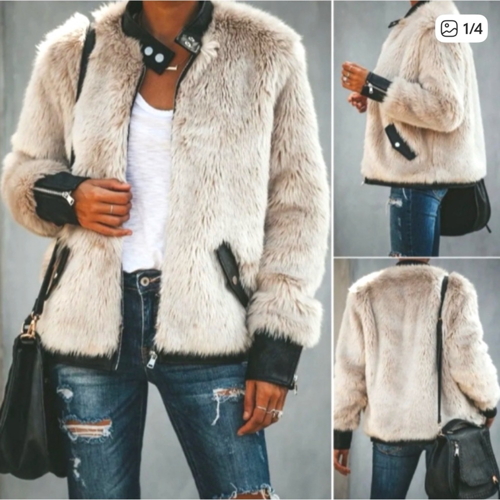 Elegant Cream Faux Fur Bomber Jacket with Black Details